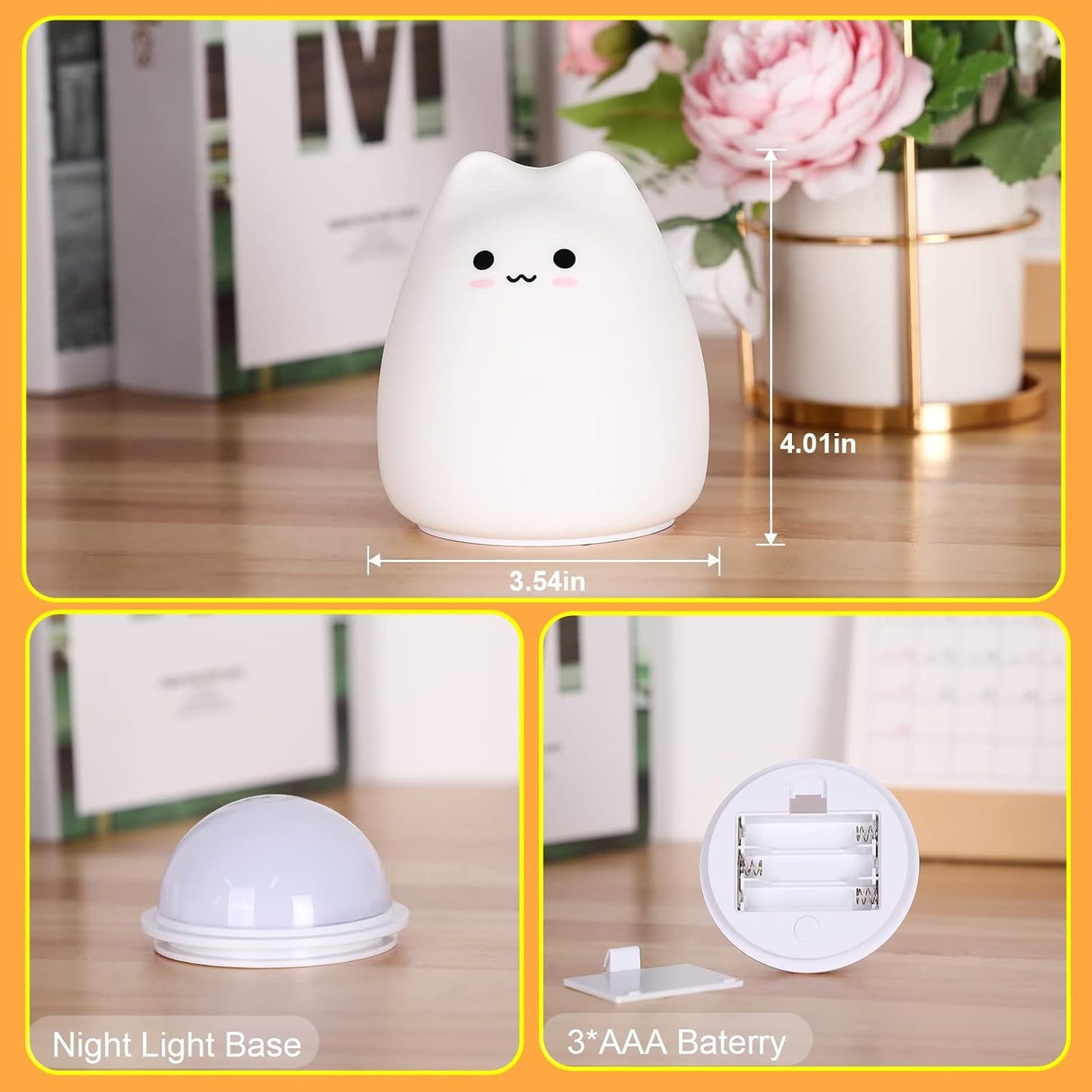 Cat Night Light for Kids,Cute Night Lamp for Nursery,Squishy Silicone Cat Touch Lights Portable, Gift for Birthday and Christmas for Kids Baby Children(M Cat - Battery)