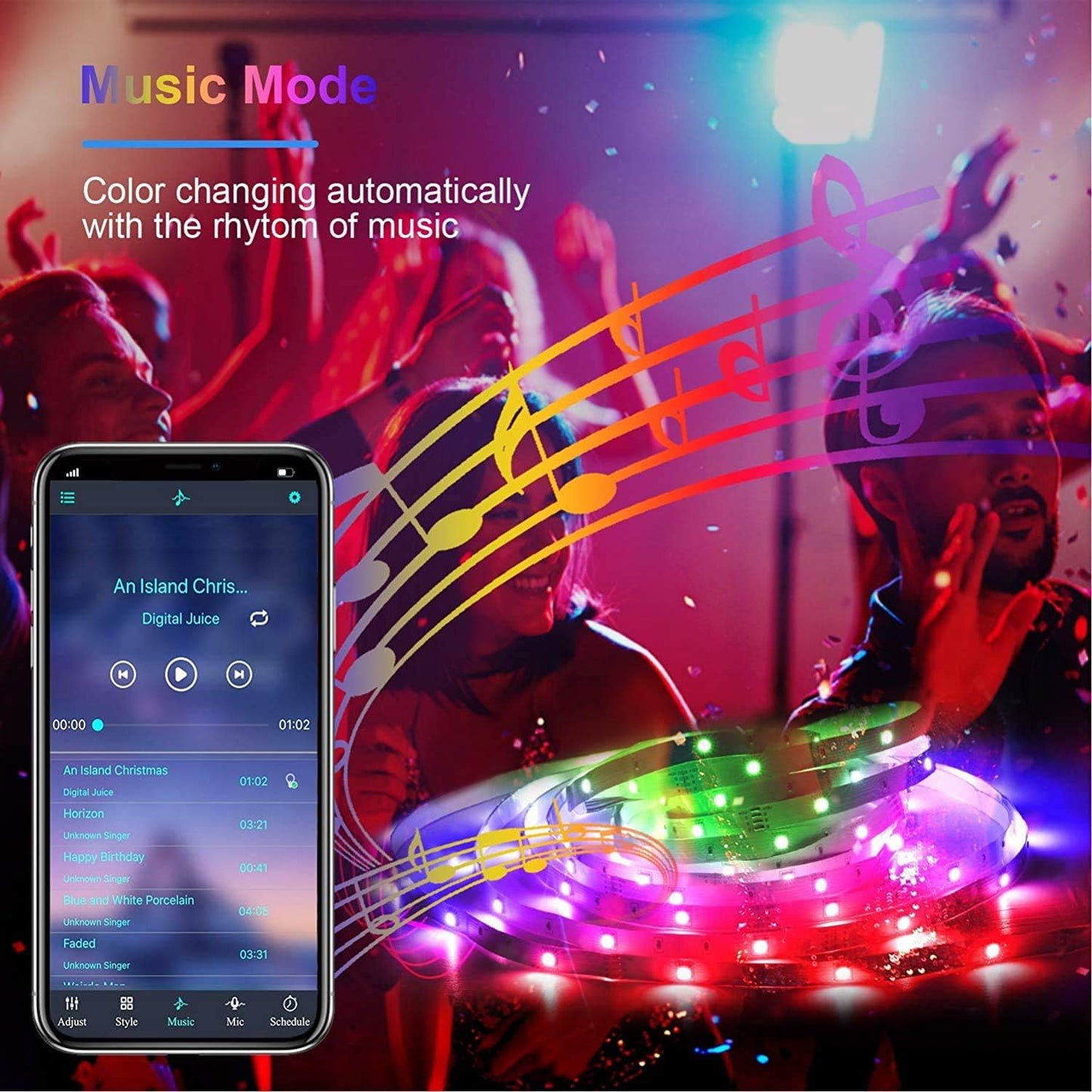 Bluetooth LED Strip Lights RGB Light Strips Music Sync Color Changing Led Light Kit 5050 Led Rope Light with 24 Key IR Remote Power Supply